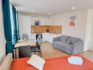 a kitchen and living room with a table and a couch at Apartmán Pepuška in Kašperské Hory