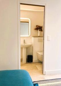 a bathroom with a sink and a toilet and a mirror at Studio neuf dans un écrin de verdure in Charbonnières-les-Bains