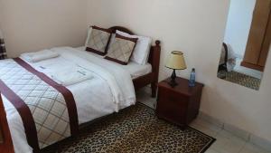 ein Schlafzimmer mit einem Bett und einem Tisch mit einer Lampe in der Unterkunft Buki Hotel in Nakuru