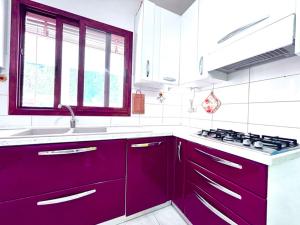a kitchen with purple cabinets and a sink at Villa Julien Quartu Sant'Elena Sardegna in Santa Luria +17 photos