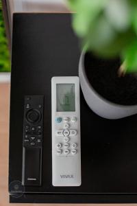 Herăstrăuにある1-Bedroom Apartment with Balcony near Promenada Mall & Pipera Metroの壺の横のテーブルに座るリモコン