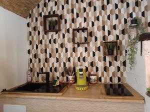 a kitchen with a sink and a checkered wall at Cabane cozzi dépendance à la ferme avec jacuzzi in Plouzané
