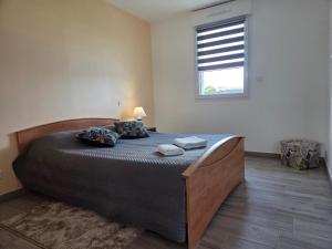 - une chambre avec un lit avec deux oreillers et une fenêtre dans l'établissement Maison au Coeur du Perche Arcisses Margon, à Margon