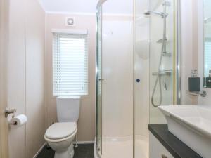 a bathroom with a toilet and a shower and a sink at The Hideaway in Afon Wen Junction +16 photos