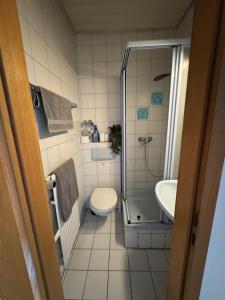 Koupelna v ubytování 1 Zi Whg an der Universität zu Kiel-City, Alsenstrasse 17, perfekt auch als Schadenwohnung, eigener Parkplatz, 45 qm, große Wohnküche, , Wlan incl, perfekt möbliert, je 3 Min zur Universitätsklinik zu Kiel, Ostsee, Seebäder,