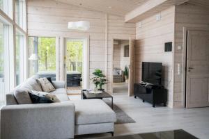 a living room with a couch and a television at Villa Kuulas in Sääskilahti