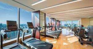 a gym with cardio equipment and a view of the city at The Prince Gallery Tokyo Kioicho, a Luxury Collection Hotel in Tokyo