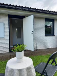 a table with a vase and a plant on it at Nyrenoverad lägenhet med perfekt läge nära Elmia in Huskvarna +8 photos