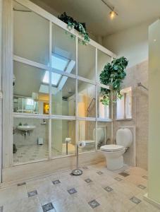 a bathroom with a toilet and a glass wall at VILLA MARJAN - 3 bdr, 3 bath, parking in Split
