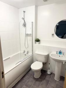 a bathroom with a shower and a toilet and a sink at Stylish 1-BR Apartment Perfect for 4 in Birmingham