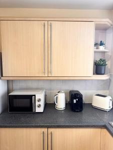 a kitchen counter with a microwave and appliances on it at Stylish 1-BR Apartment Perfect for 4 in Birmingham