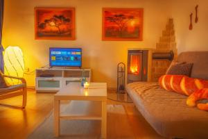 a living room with a couch and a fireplace at alte Bäckerei Bautzen - 02 #Senior# im Zentrum, mit Parkplatz, Top Ausgestattet in Bautzen