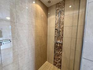 a bathroom with a shower with a glass door at Appartement Villa Eva Rosa in Wijk aan Zee