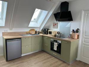 a kitchen with green cabinets and a sink at Le Valory in Granville +13 photos