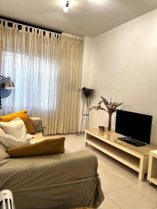 Una sala de estar con un sofá y un televisor de pantalla plana. en Acojedor apartmento, centro con patio, en Sabadell