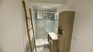 Un baño con ducha, inodoro y lavabo. en Les Templiers - Downtown and private garage, en Hyères