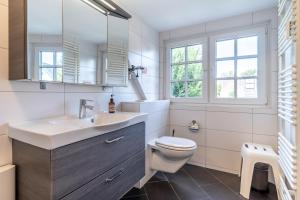 a bathroom with a toilet and a sink and a mirror at Rungholt in Ording +16 photos