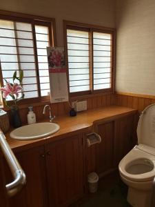 a bathroom with a sink and a toilet and windows at Farm Stay Umemura - Vacation STAY 21213v in Imari