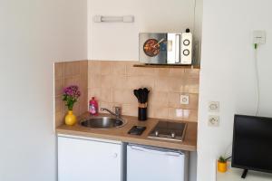 ルーアンにあるCharmant studio au calme linge et ménage inclusのシンクと電子レンジ付きのキッチン