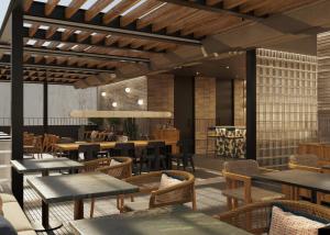 a rendering of a restaurant with tables and chairs at voco Ciudad de Mexico Reforma by IHG in Mexico City