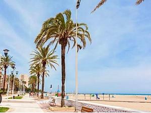 una playa con palmeras y gente en la playa en Farnals Playa Valencia, en Masalfasar