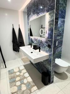 a bathroom with a sink and a toilet and a mirror at Appartement d'architecte face à la mer in Les Sables-dʼOlonne +15 photos