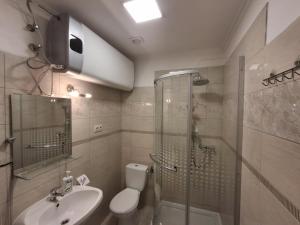 a bathroom with a shower and a toilet and a sink at Mórocz Vendégház in Balatonboglár +80 photos