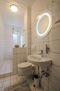 a bathroom with a sink and a toilet and a mirror at Family Apartment in Wiesbaden