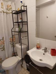 a bathroom with a white toilet and a sink at Depto cerca playa in La Serena