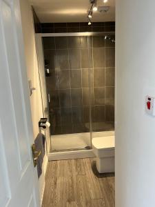 ein Badezimmer mit Dusche und Toilette in der Unterkunft Ground Floor Flat BishopAuckland in Bishop Auckland + 5 Fotos