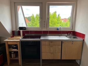 a kitchen with a sink and two windows at Fewo Fried in Gifhorn
