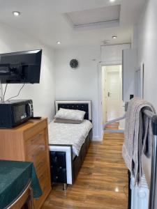 a small bedroom with a bed and a tv at Room to stay 9 ilfracombe avenue Newcastle Upon Tyne Ne4 8ru in Elswick
