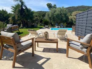 a patio with chairs and a table and a pool at L'Elyvette in Le Plan-de-la-Tour