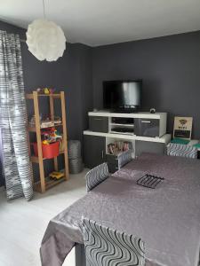 a living room with a tv and a table and a tv stand at La Maison Defanny - 1 in Muides-sur-Loire