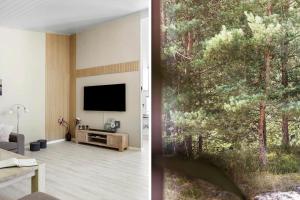 ein Wohnzimmer mit Fernseher und ein Wohnzimmer mit Bäumen in der Unterkunft 3716 Nexø - Granvej 12 in Snogebæk