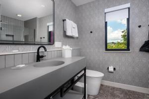 a bathroom with a sink and a toilet and a mirror at The Artful Way Hotel in Asheville +24 photos