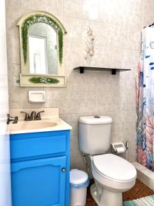 a bathroom with a toilet and a sink and a mirror at Oceanfront - Casita Rosa in Puerto Nuevo +41 photos
