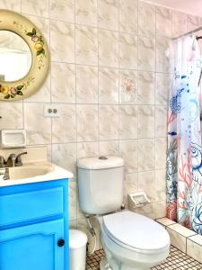 a bathroom with a toilet and a sink and a mirror at Oceanfront - Casita Rosa in Puerto Nuevo