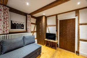 a living room with a couch and a television at Ferienhaus Familie Meier in Schnaittach