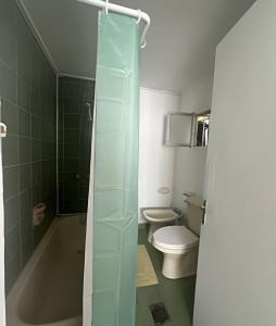 a bathroom with a glass shower and a toilet at Habitación 2 a 3 pers. in Temuco +1 photo