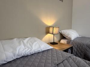 a bedroom with a bed and a table with a lamp at La Via Hostel in Neuquén