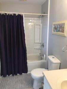 a bathroom with a white toilet and a shower curtain at Mariners Nest in Saint John +25 photos