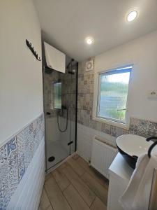 a bathroom with a shower and a sink at Agroturystyka u Kozdryka in Leśna +107 photos