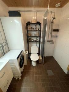 a small bathroom with a toilet and a shower at Muru Cabin in Levi