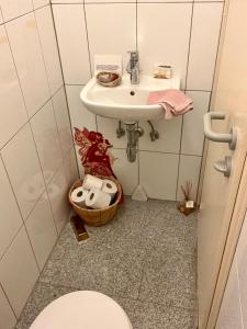 ein kleines Badezimmer mit Waschbecken und Toilette in der Unterkunft Ruhiges Messezimmer im Diplomatenviertel mit Grünblick in Niederdorla