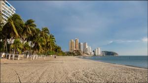 a beach with palm trees and buildings and the ocean at Tu Refugio Tropical Cerca al Mar in Santa Marta