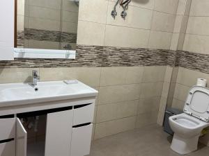 a bathroom with a sink and a toilet and a mirror at Besa Apartment in Buçimas