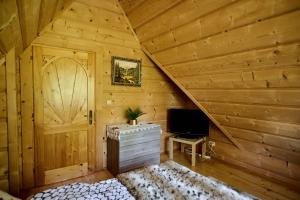 Una habitación con una cabaña de madera con una puerta y un televisor. en Alpinka, en Bukowina Tatrzańska