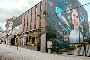 a building with a large mural on the side of it at Cube 21 in Mons