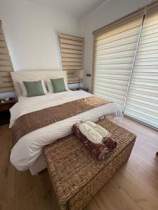 a bedroom with a large bed with a basket and windows at Villa Melandra in Engomi
